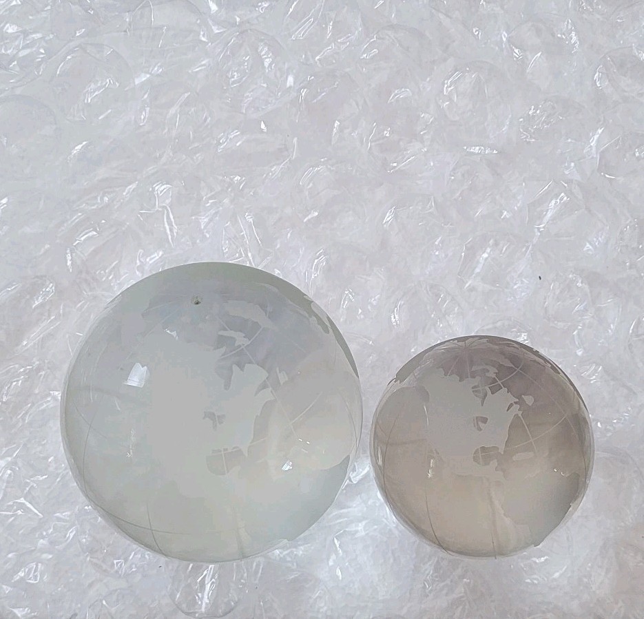 Pair of Frosted Glass World Globes – Large & Small Etched Map Desktop Decor