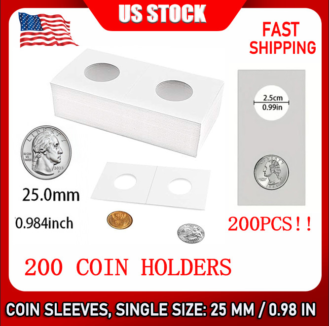 200PCS Assorted Coin Holders 2X2 Cardboard Mylar Flips Include 4 Sizes New--A