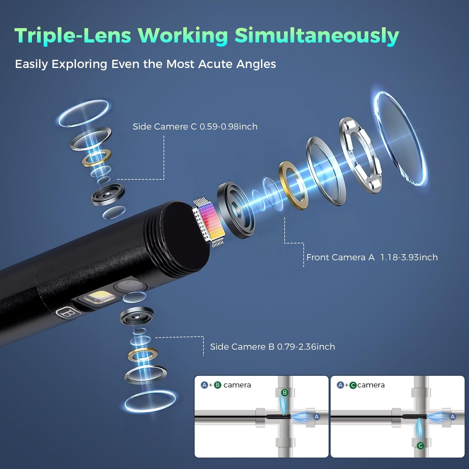 Triple Lens 1080P Borescope with 50FT Semi-Rigid Cable, 5" IPS Screen Endoscope