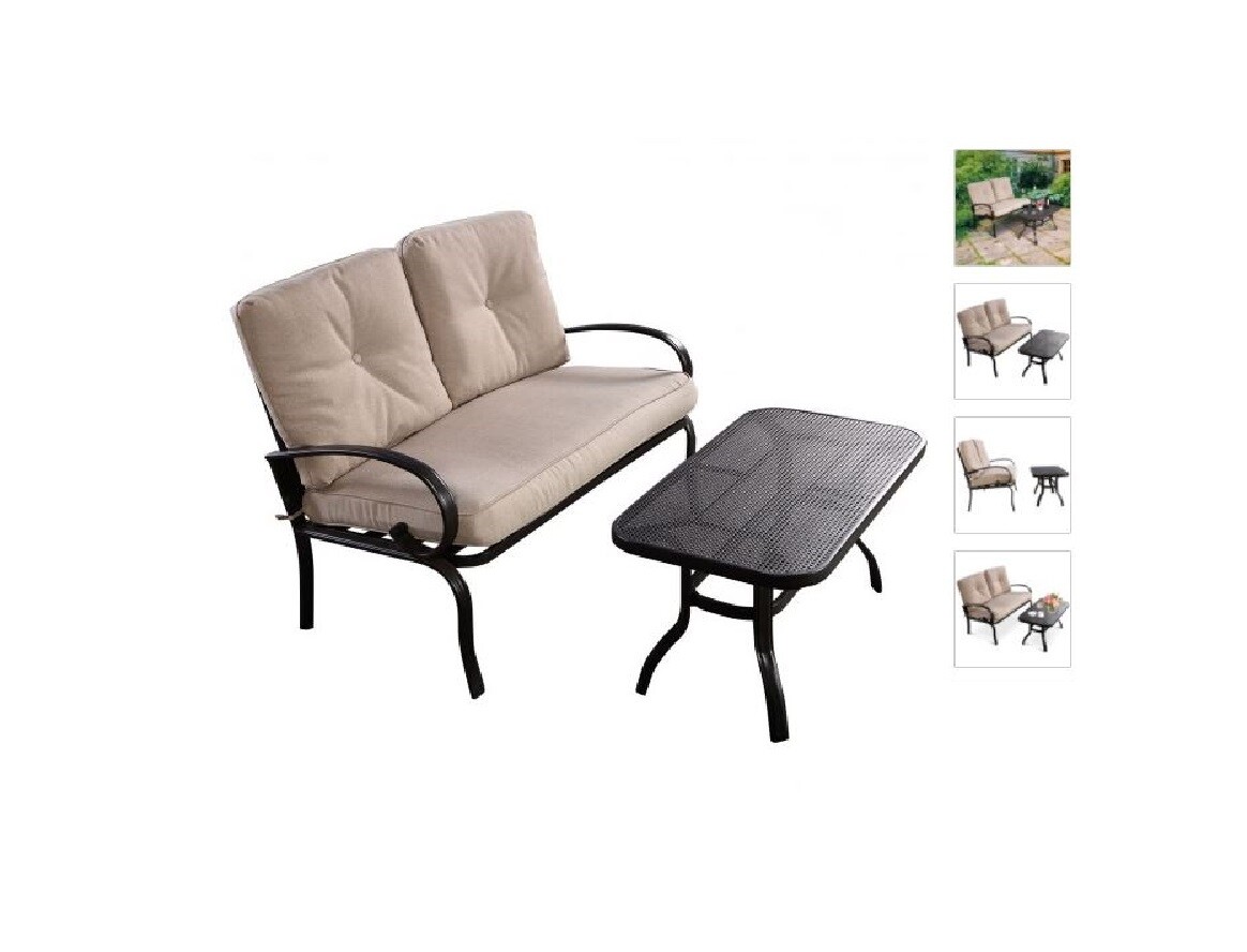 Beige 2 Pc Metal Patio Furniture Set Outdoor 1 Cushioned Loveseat 1 Coffee Table
