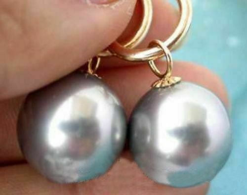 Round AAA 16mm Natural South Sea Grey Shell Pearl Earrings 14k Gold
