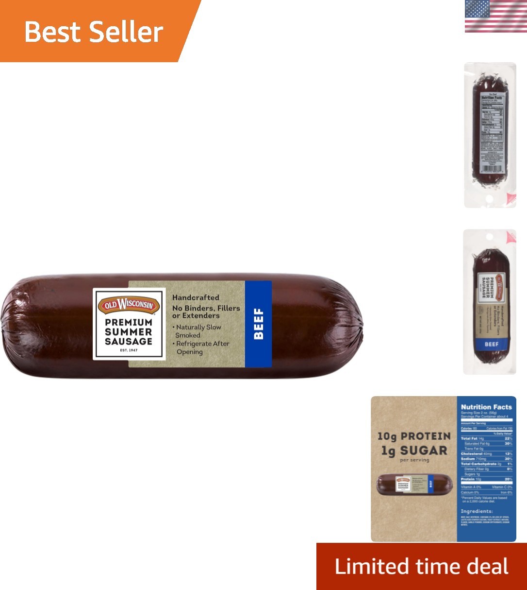 Natural Hardwood Smoked Beef Summer Sausage - 8oz Low Carb Snack for Keto Lovers