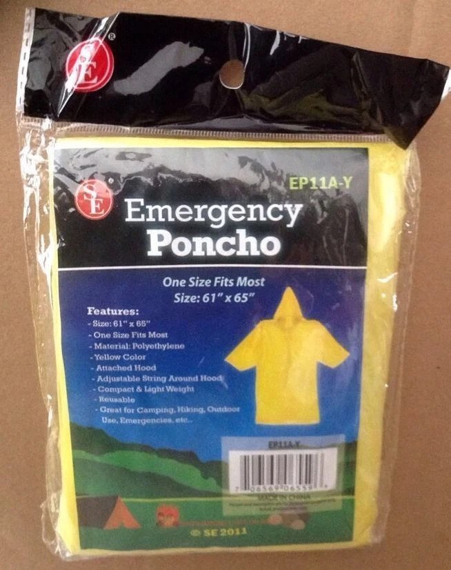 New 2pcs Emergency Rain Poncho Hood Reusable Yellow One Size Fits Most