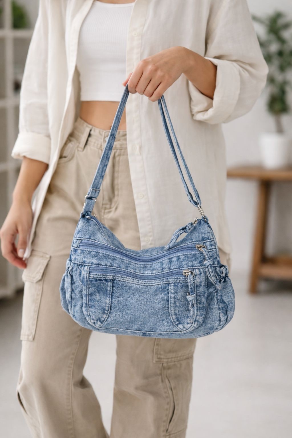 Denim Shoulder Bag Blue Jean Hobo Handbag Y2K Style Women Casual Zipper Purse
