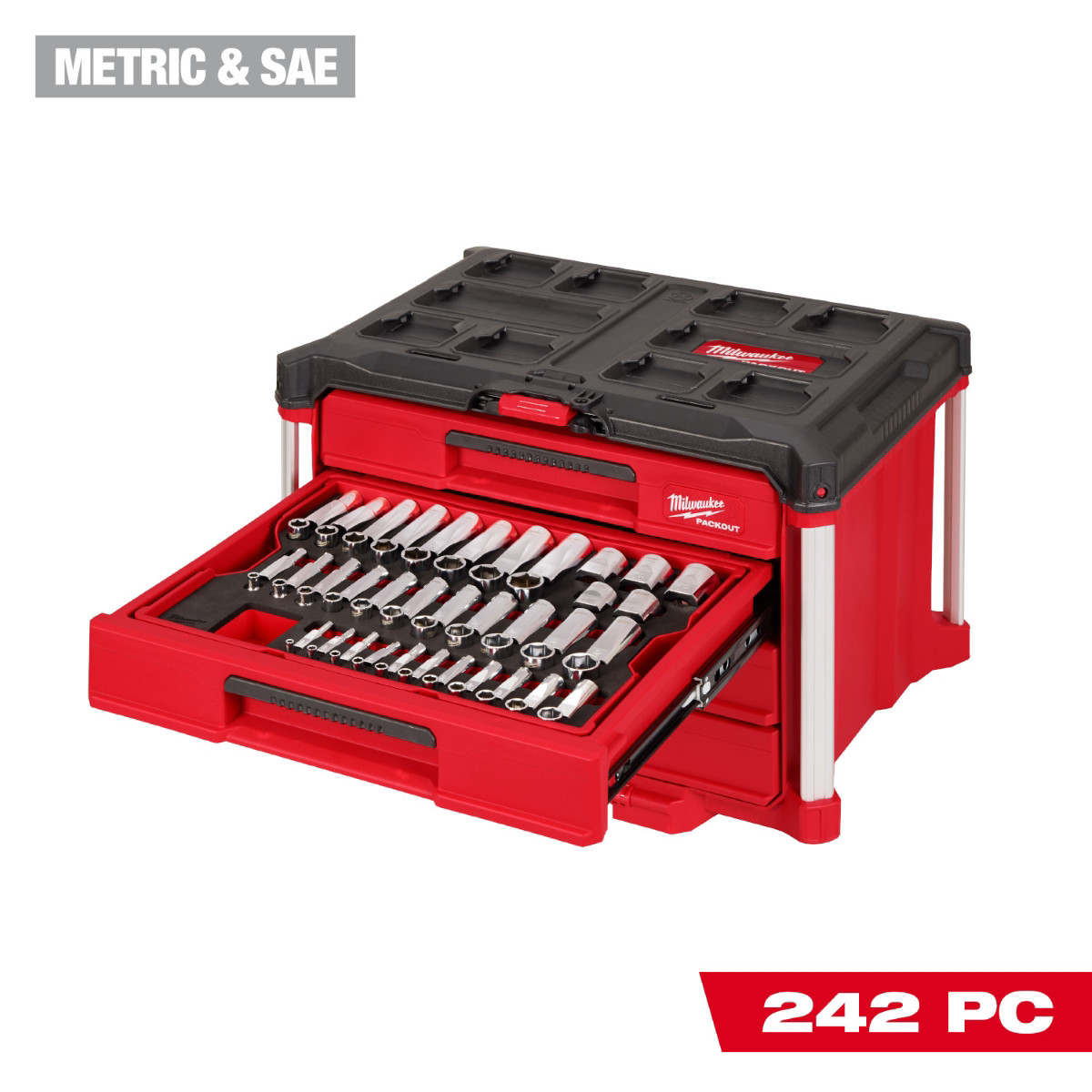 Milwaukee 48-22-9491 242 Piece Mechanics Tool Set PACKOUT Drawers Ratchets