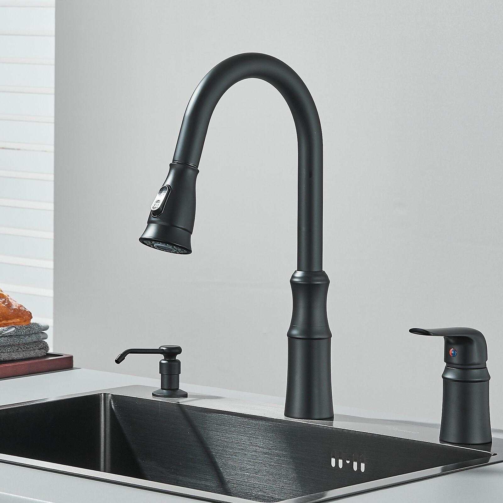 Matte Black Kitchen Faucet Pull Down Sprayer Swivel Sink Tap With Soap Dispenser