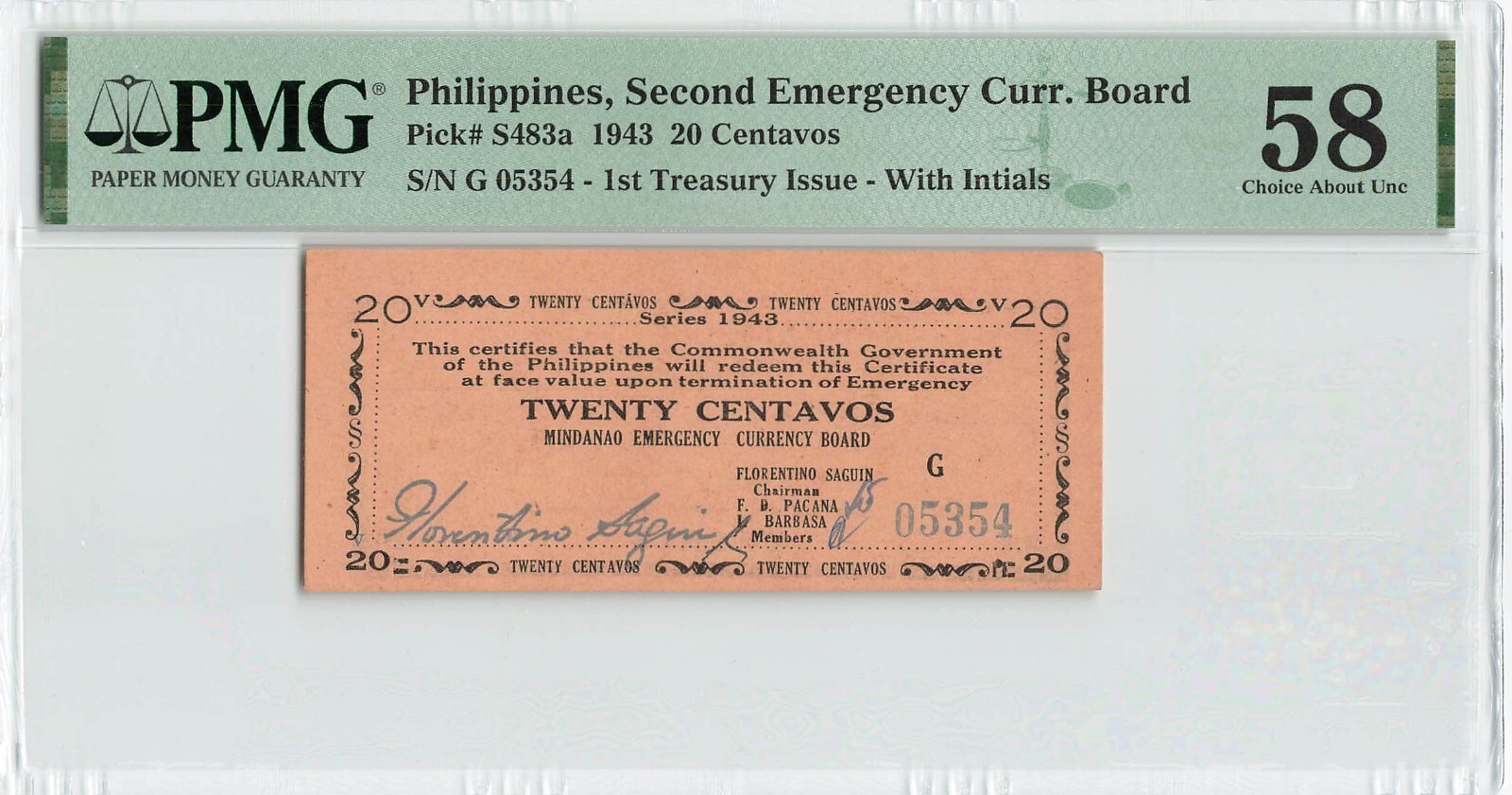 PHILIPPINES 20 Centavos 1943, MINDANAO, P-S483a Emergency, PMG 58 a/UNC TOP POP!