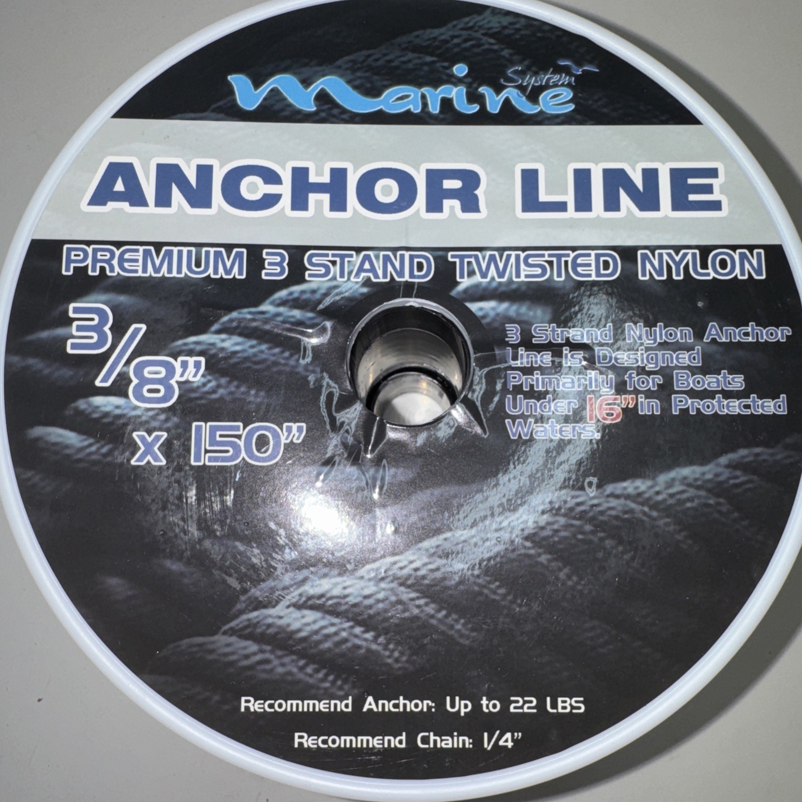 Marine System Anchor Line Premium 3 stand twisted Nylon 3/8" x 150' rope black
