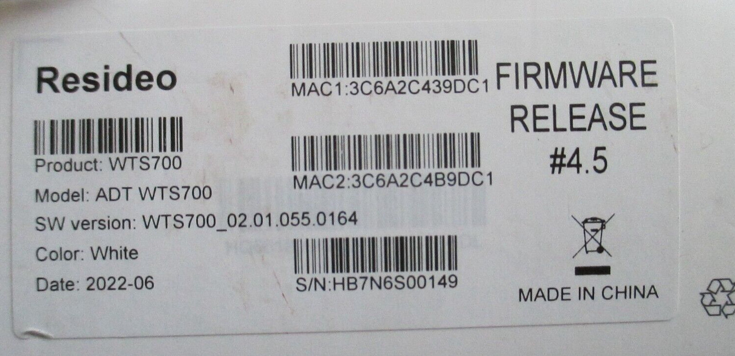 HONEYWELL RESIDEO ADT WTS700 REMOTE TOUCHPAD KEYPAD CONTROL FIRMWARE 4.5