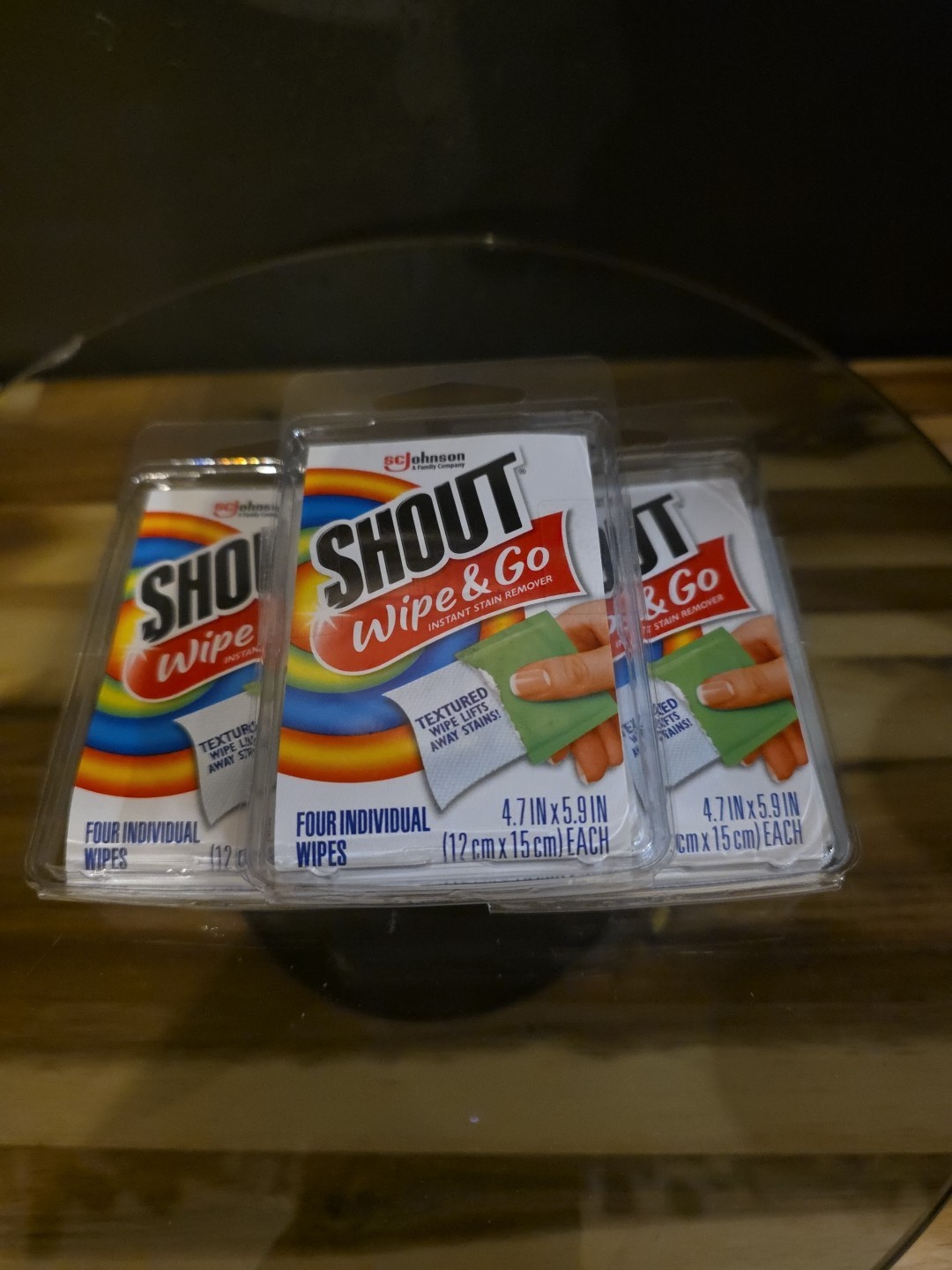 Lot of 3 Shout Wipe & Go Instant Stain Remover Wipes Travel Size 12 wipes total