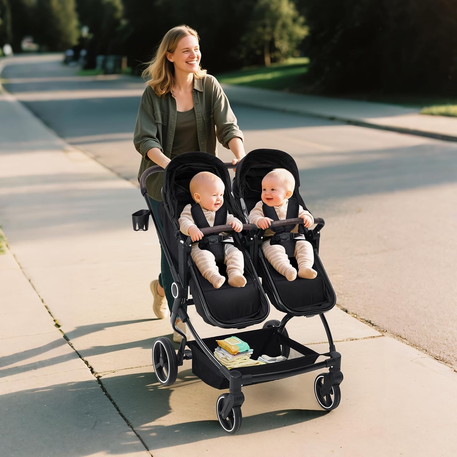 Twins Side by Side Double Stroller Lightweight Fold Travel Stroller Adjustable