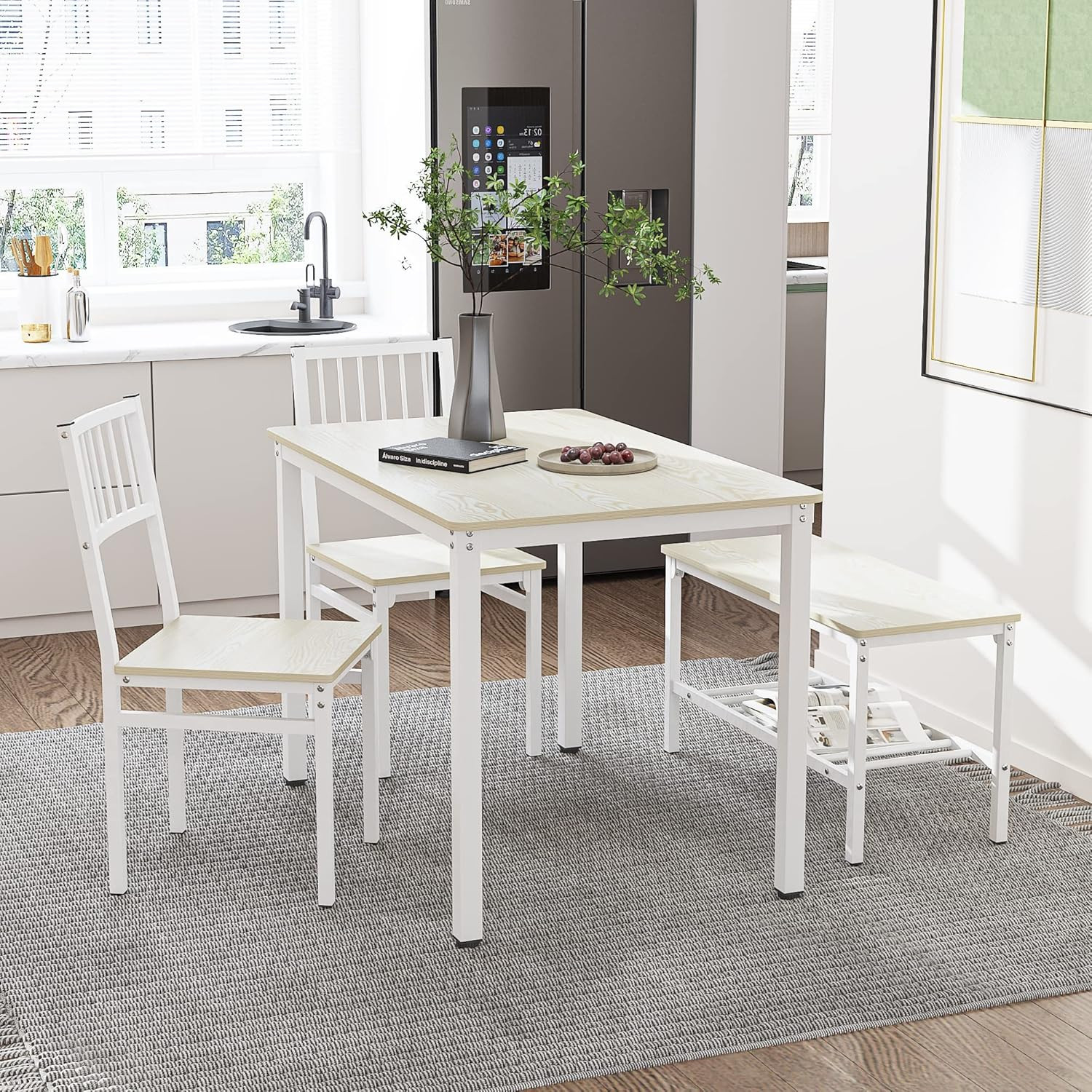 Beige 4-Piece Dining Table Set with 2 Chairs and Bench, 110CM