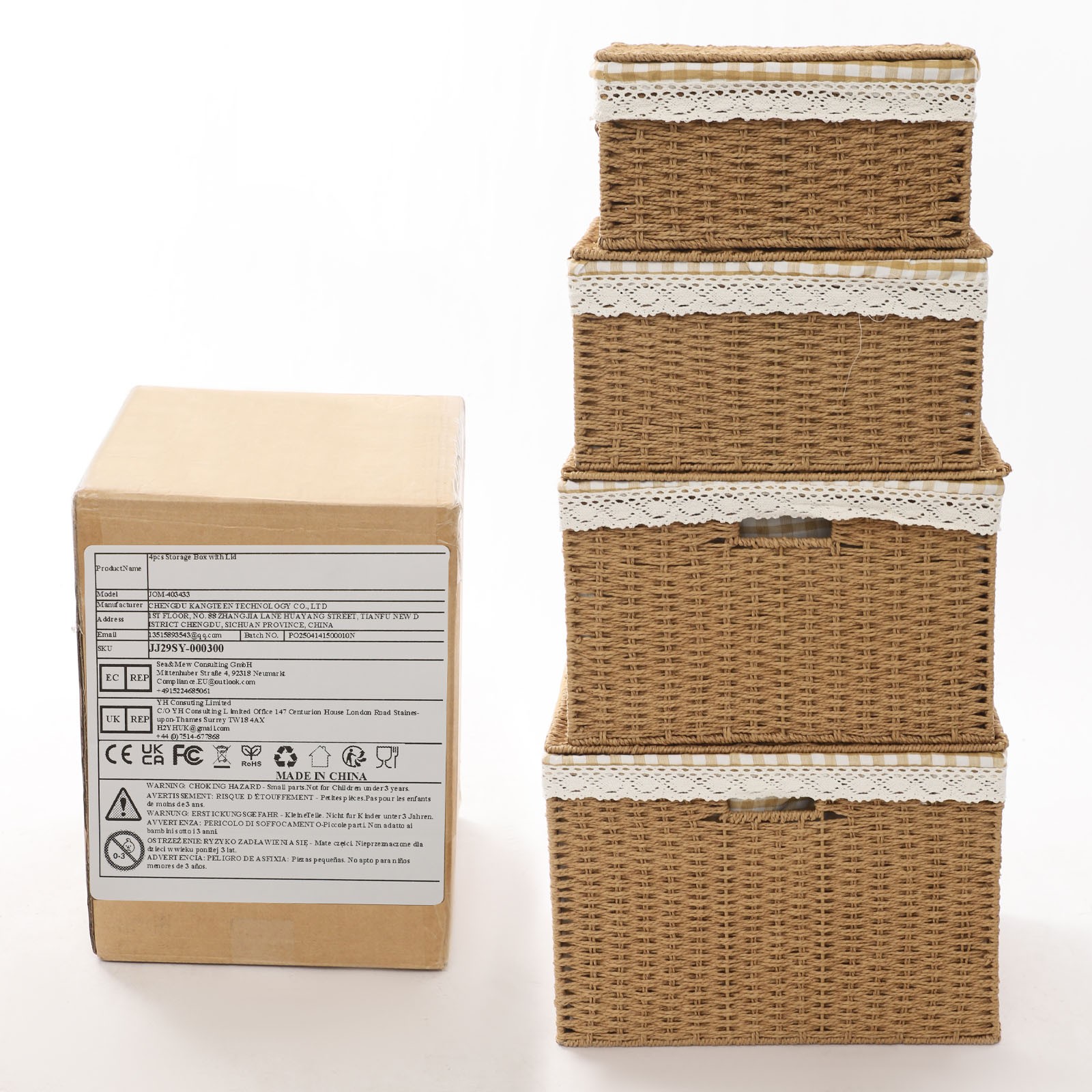 4pcs Large Rope-woven Storage Baskets Boxes Stackable Organizor Bins W/ Liner