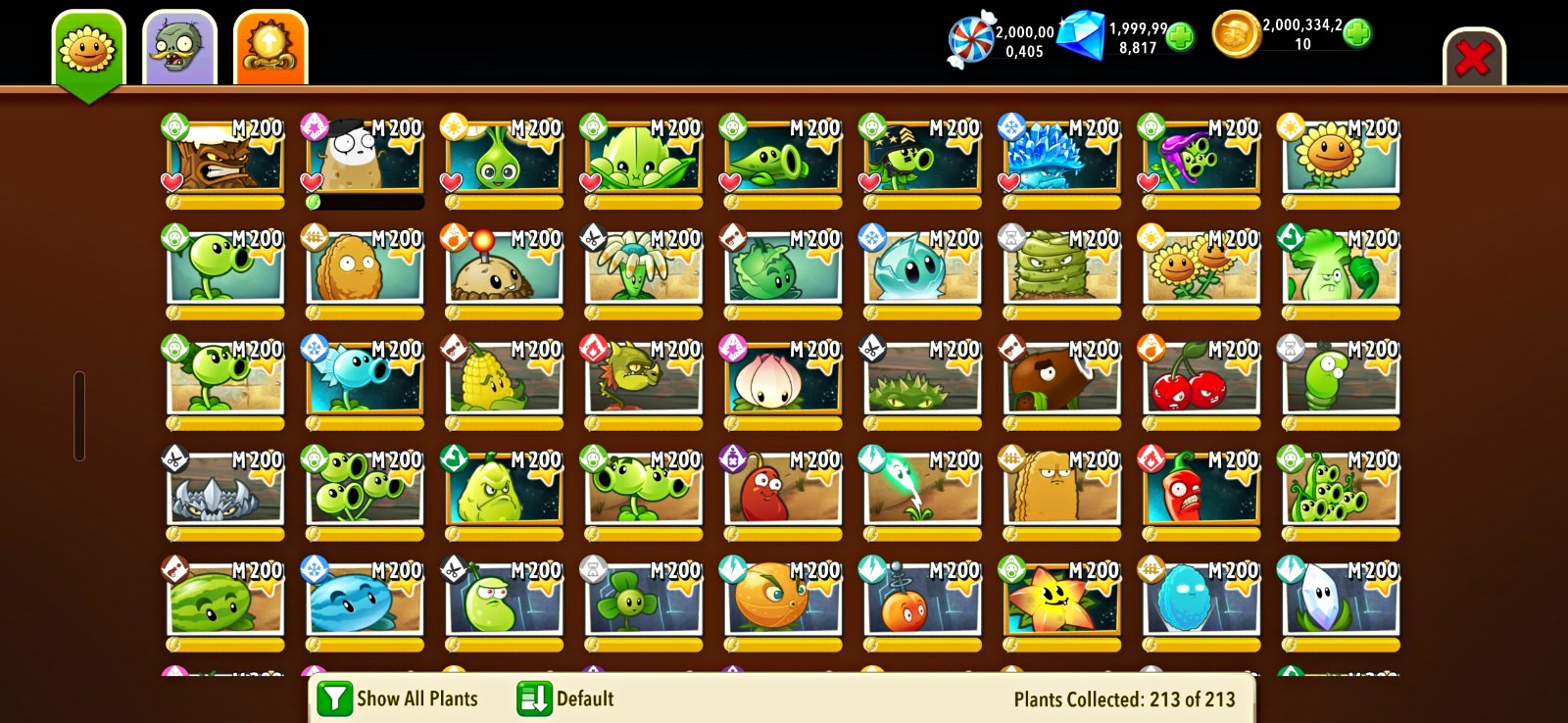 Plants vs. Zombies 2 Game Account – Plants Collected 213/213, M200
