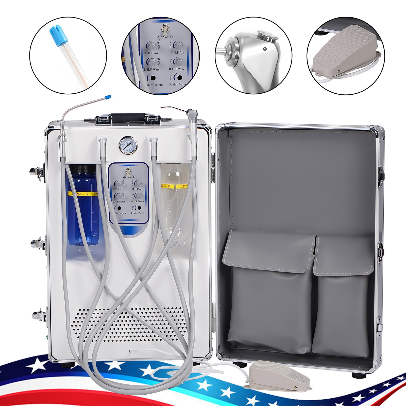 Portable Dental Delivery Unit Rolling Case Air Compressor Syringe Suction 4Hole