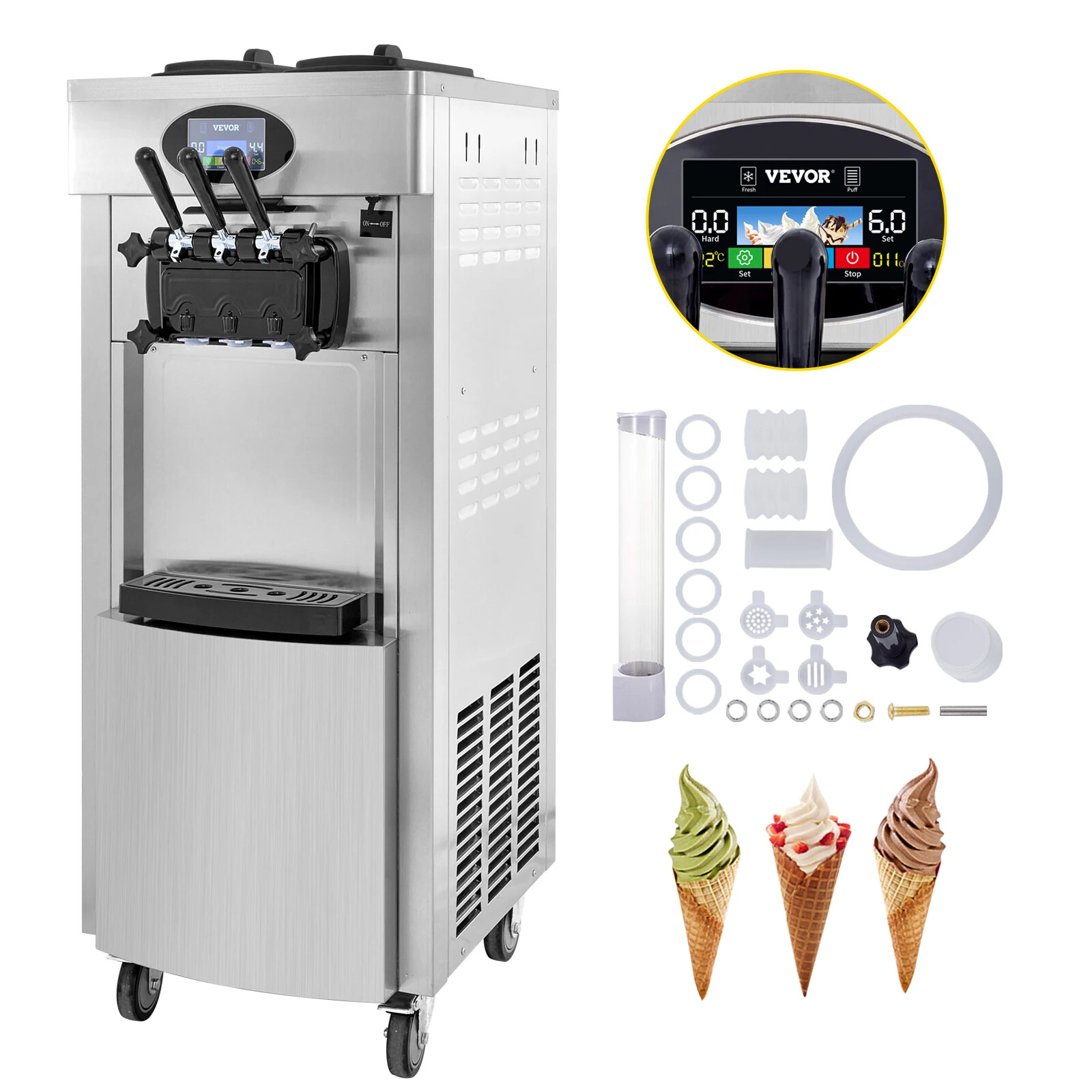 SIHAO 2200W Commercial Soft Ice Cream Machines 3 Flavor 5.3-7.4 Gal/H Auto Clean