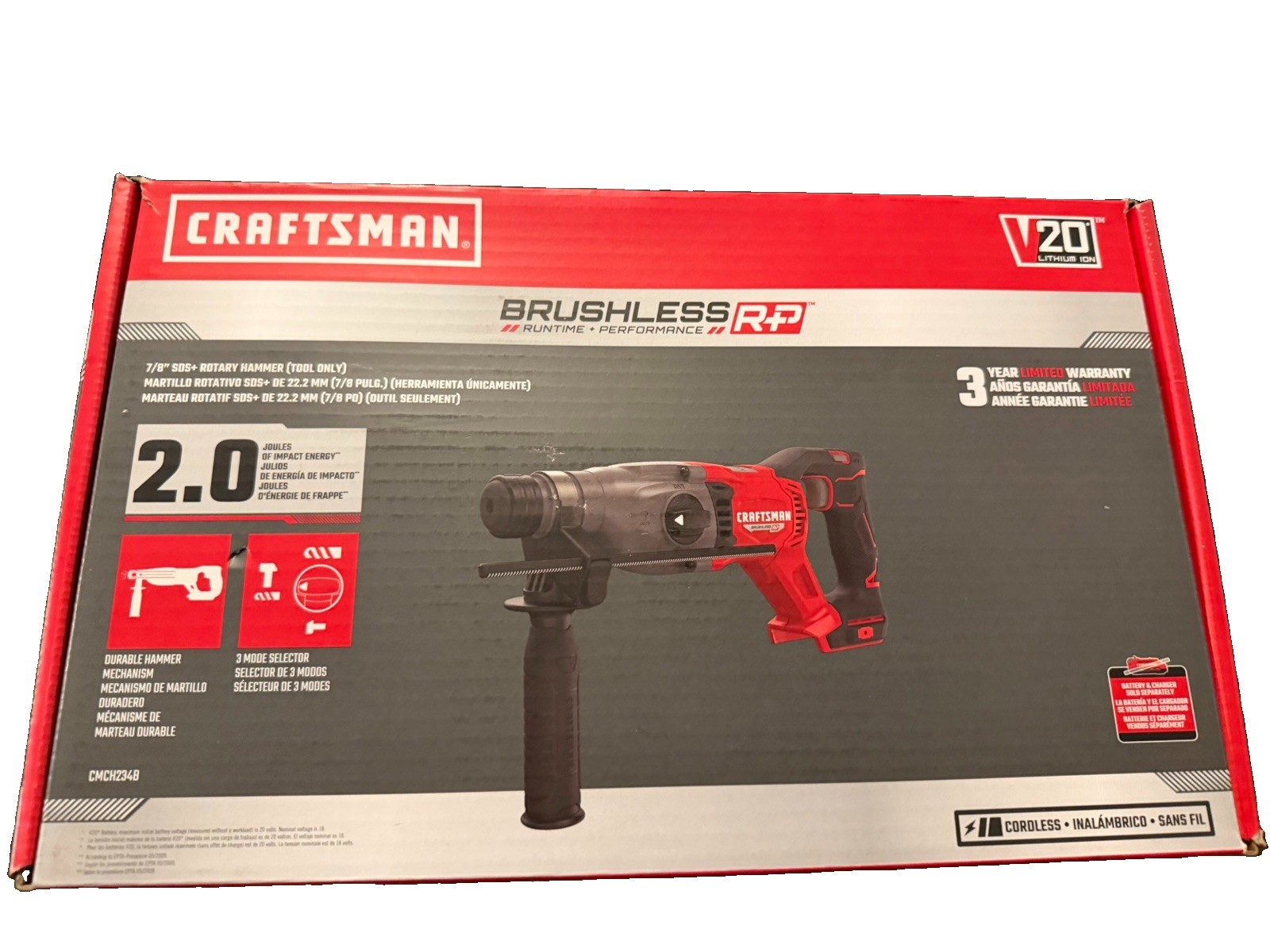 CRAFTSMAN V20* Brushless RP™ 7/8" SDS+ Rotary Hammer CMCH234B (Tool Only)