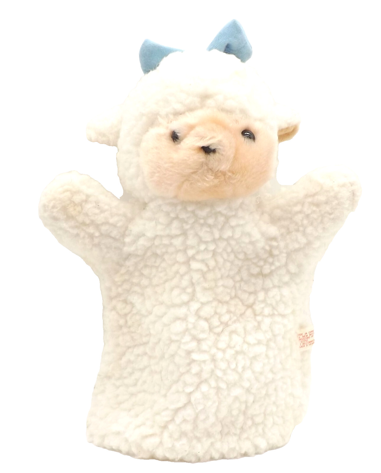Lamb Hand Puppet 9" Cream Faux Fur Fleece Animal Blue Bow Vintage
