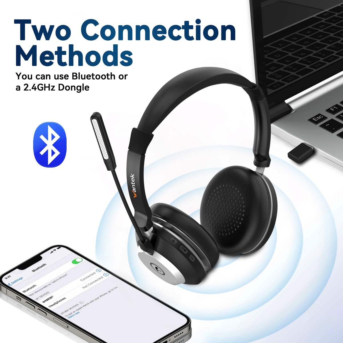 Wantek Bluetooth Headphones with Microphone USB Dongle Wireless Headset for Work