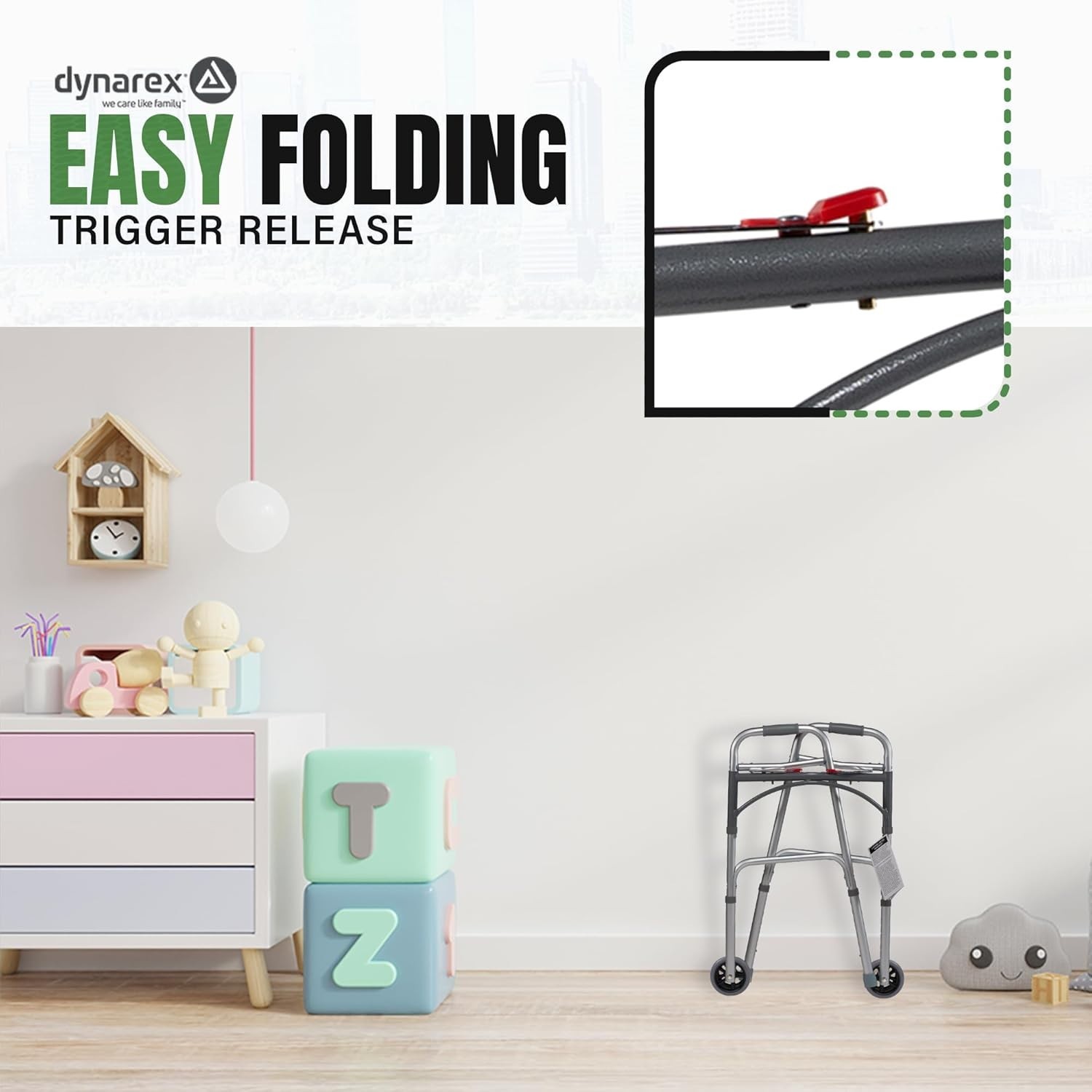 Junior Two-Button Folding Walker with Wheels has Tool-Free Adjustable Height
