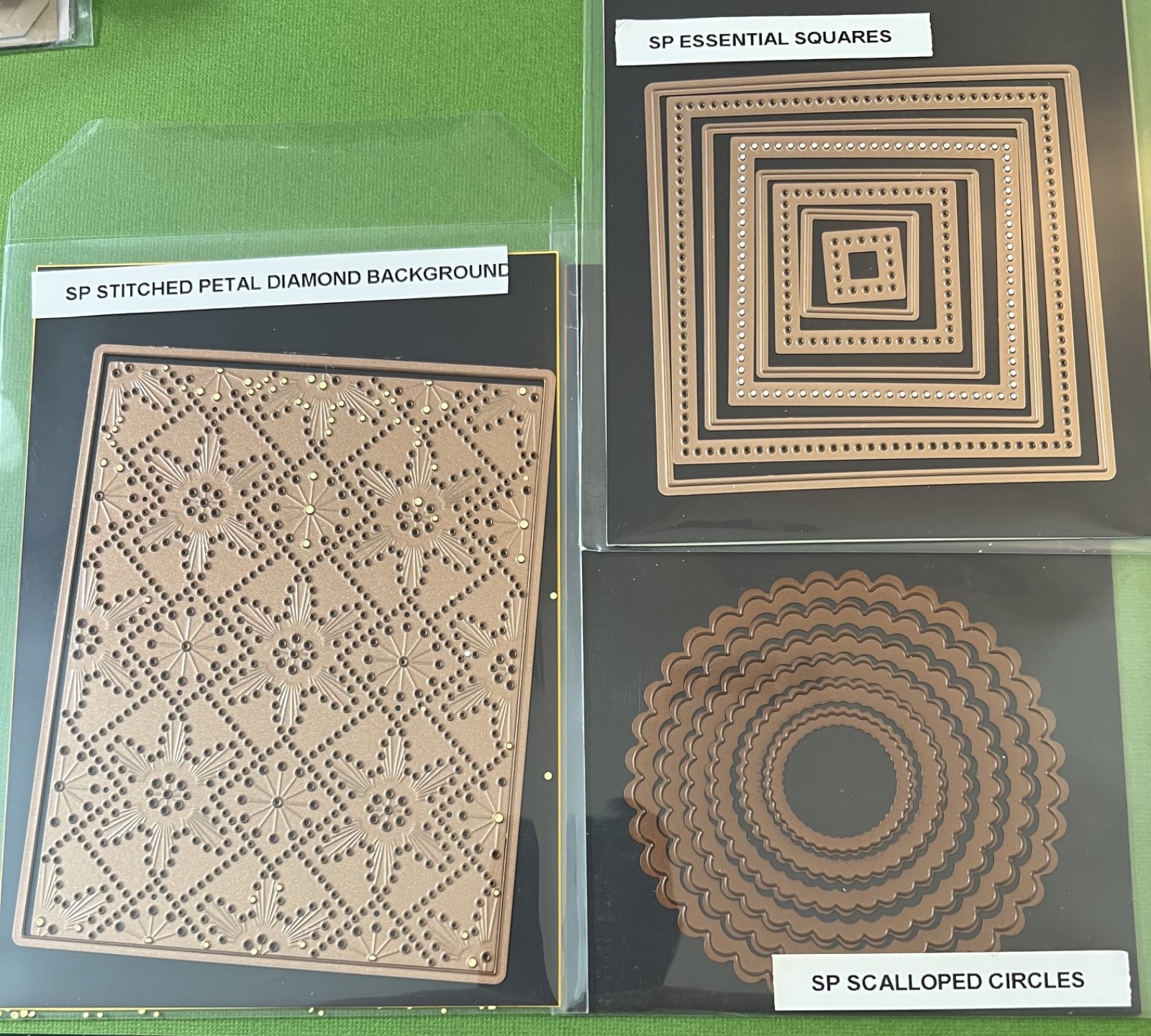 Spellbinders Die Lot: Stitched Petal Diamond, Essential Squares, Scallop Circles