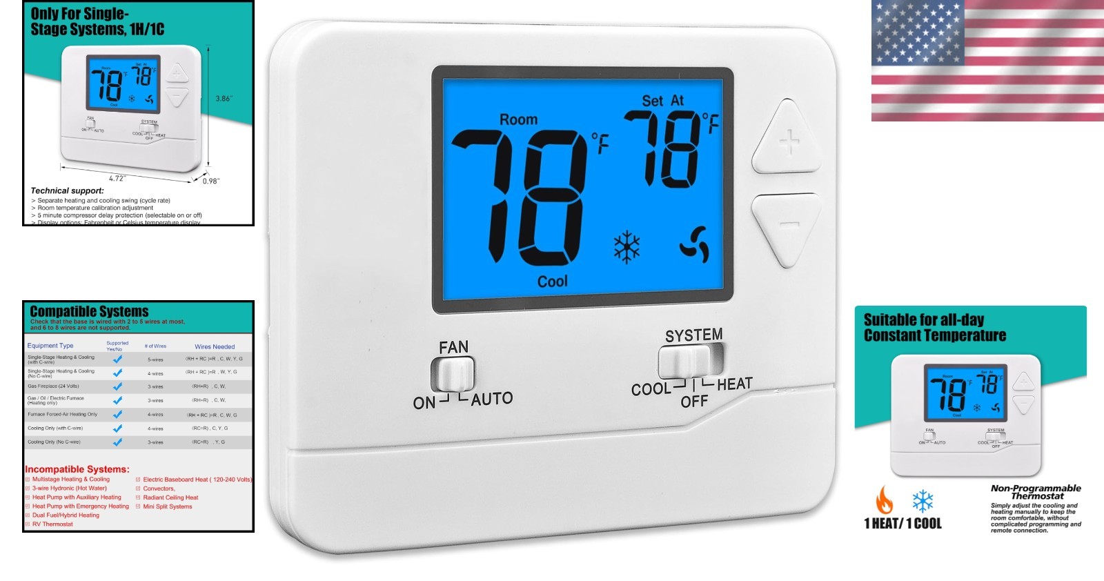 Non-Programmable Thermostat for Home 1 Heat/1 Cool with Blue Backlight