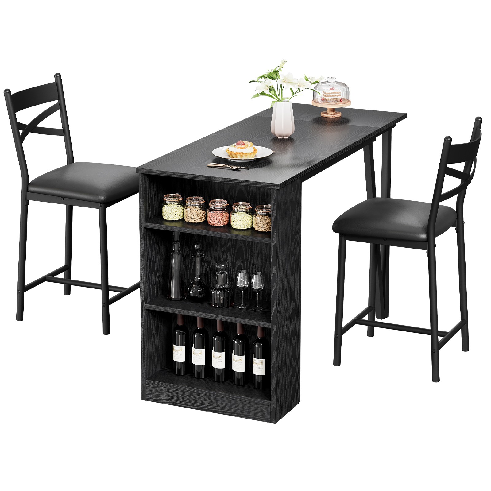 3 Piece Dining Table Set w/ 3-Layer Shelves & 2 Upholstered Chairs for Apartment