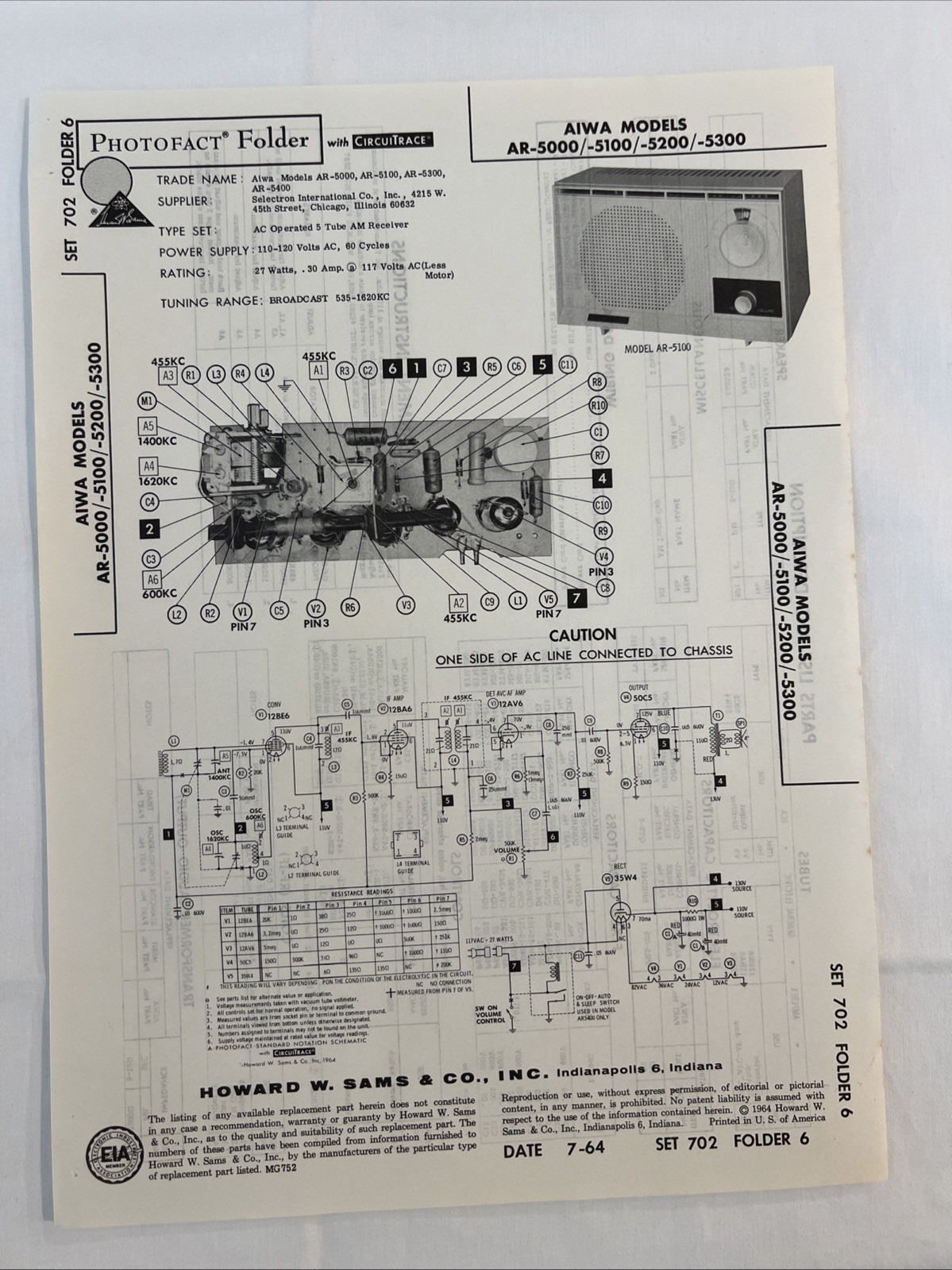 Vintage Sams Photofact Schematic 7-1964 AIWA MODELSAR-5000 /-5100/-5200/-5300