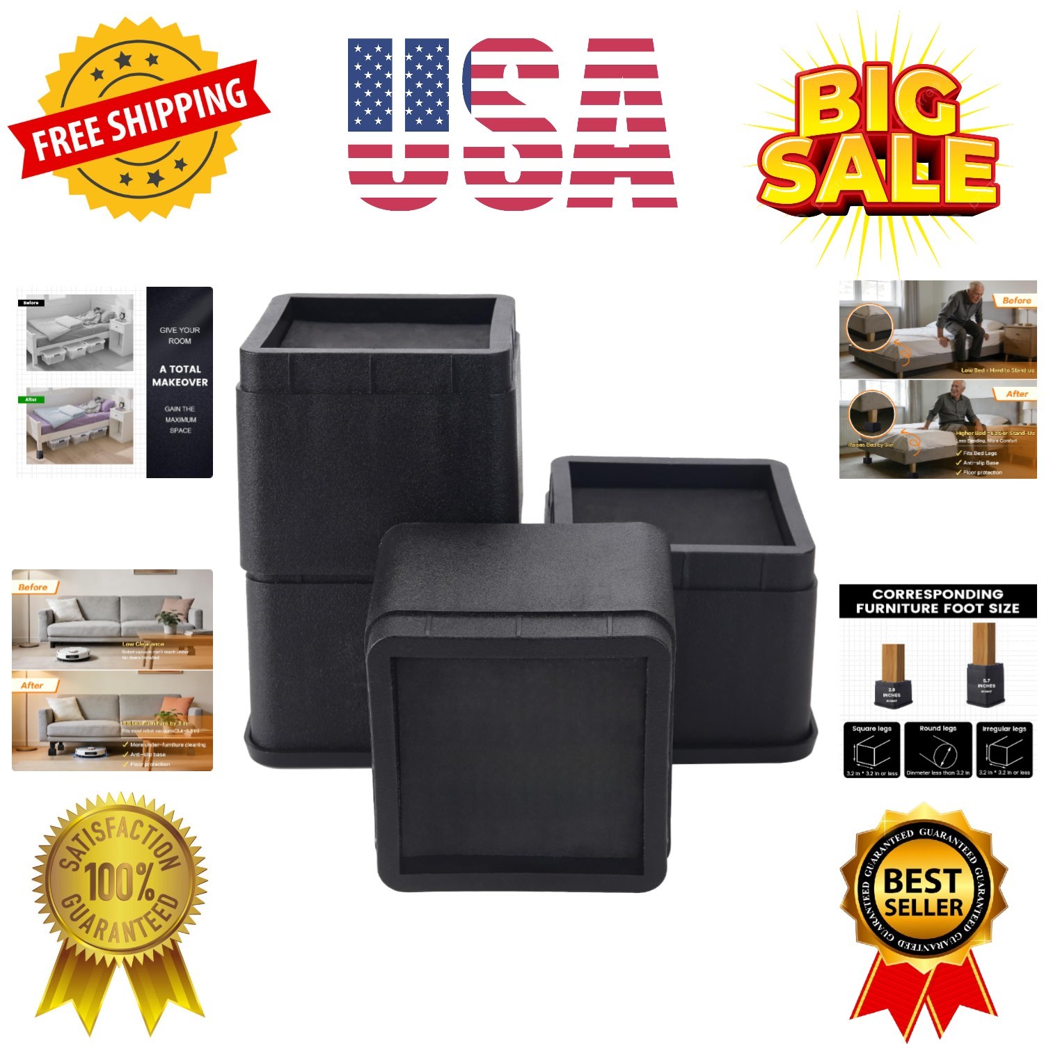 Adjustable Bed Risers 3 or 6 Inch - Heavy Duty Furniture Lifter Set of 4, Sup...