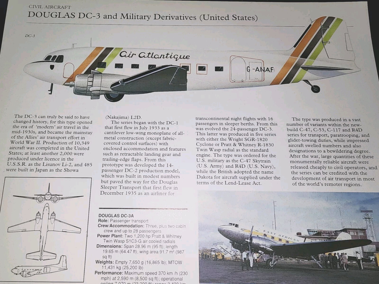 Douglas DC-3 DC 3 Picture Aircraft Plane Out of Print Article Sheet Wall Art