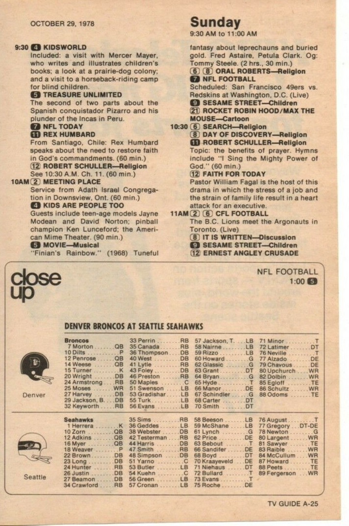 NFL FB  Broncos Seahawks Gameday Roster 1978 Print Ad Clipping Page Wayne Cody