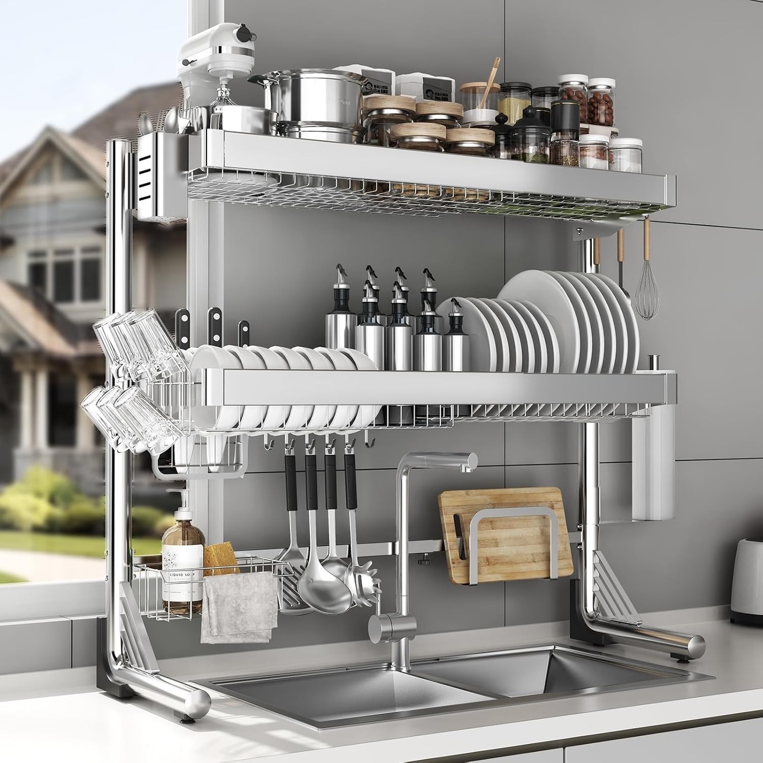 Over The Sink Dish Drainer Drying Rack 3 Tier Full Stainless Steel Dish Drying