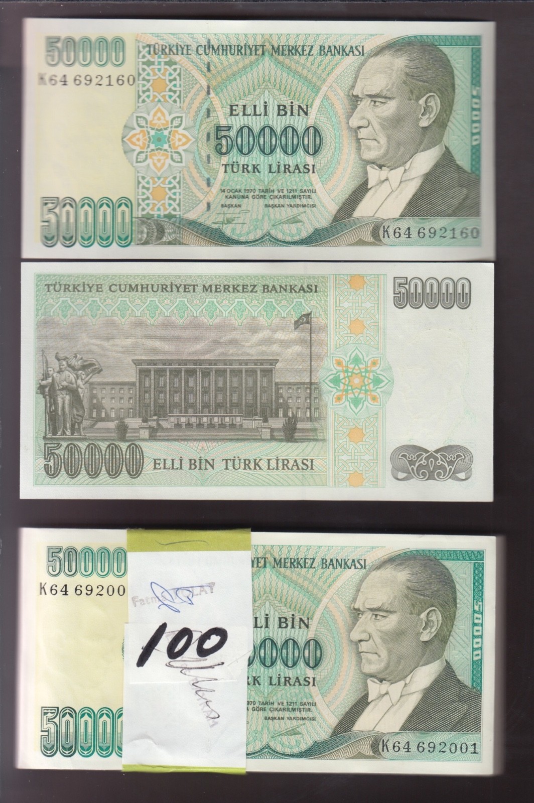 TURKEY P.203  50,000 LIRA SERIES K BANK BUNDLE OF 100 UNC WWW b001  2512