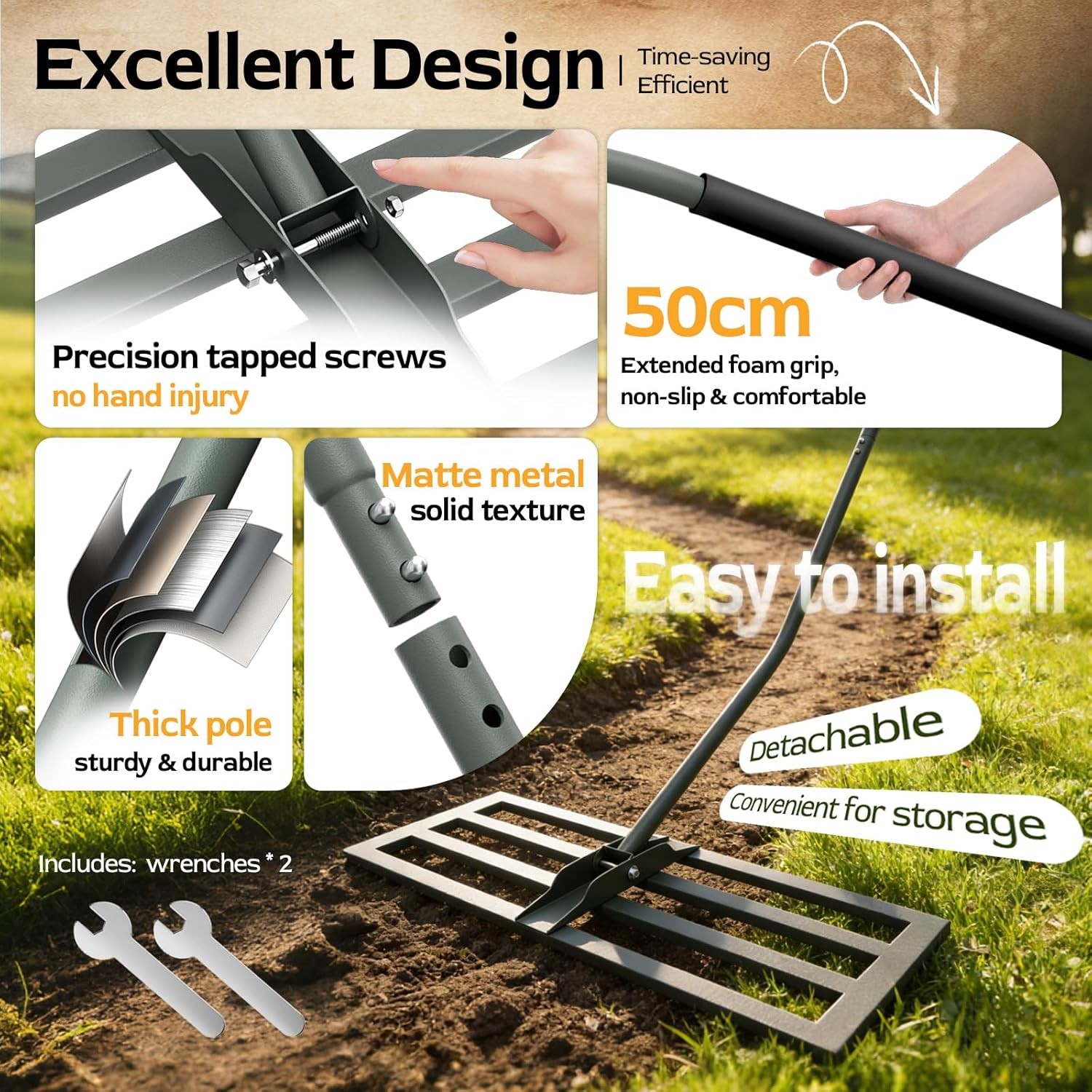 31.5×11.8 Heavy-Duty Lawn Level Rake, Ergonomic Handle