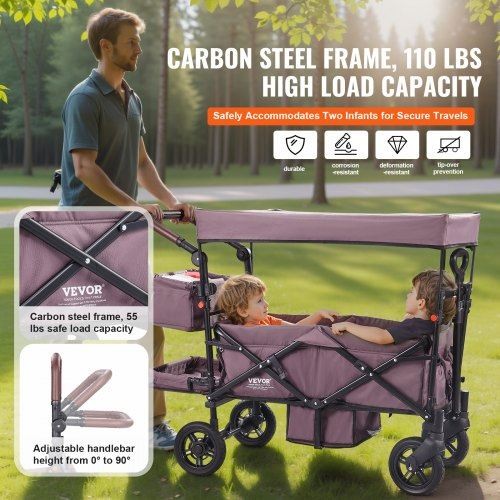 Wagon Stroller for 2 Kids Push Pull Quad Collapsible Stroller Dark Purple