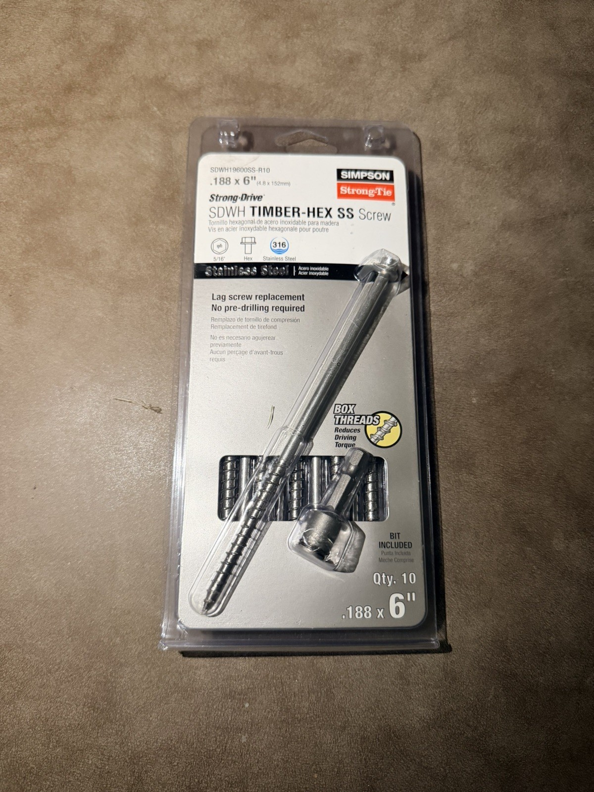 Simpson SDWH19600SS-R10 Strong-Drive SDWH TIMBER-HEX SS Screw — 0.185 in. x 6 in