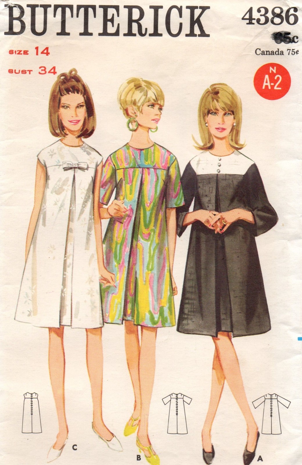 Vintage 1960s Simplicity Sewing Pattern 4386 sz 14 B34, A-Line Dress front pleat
