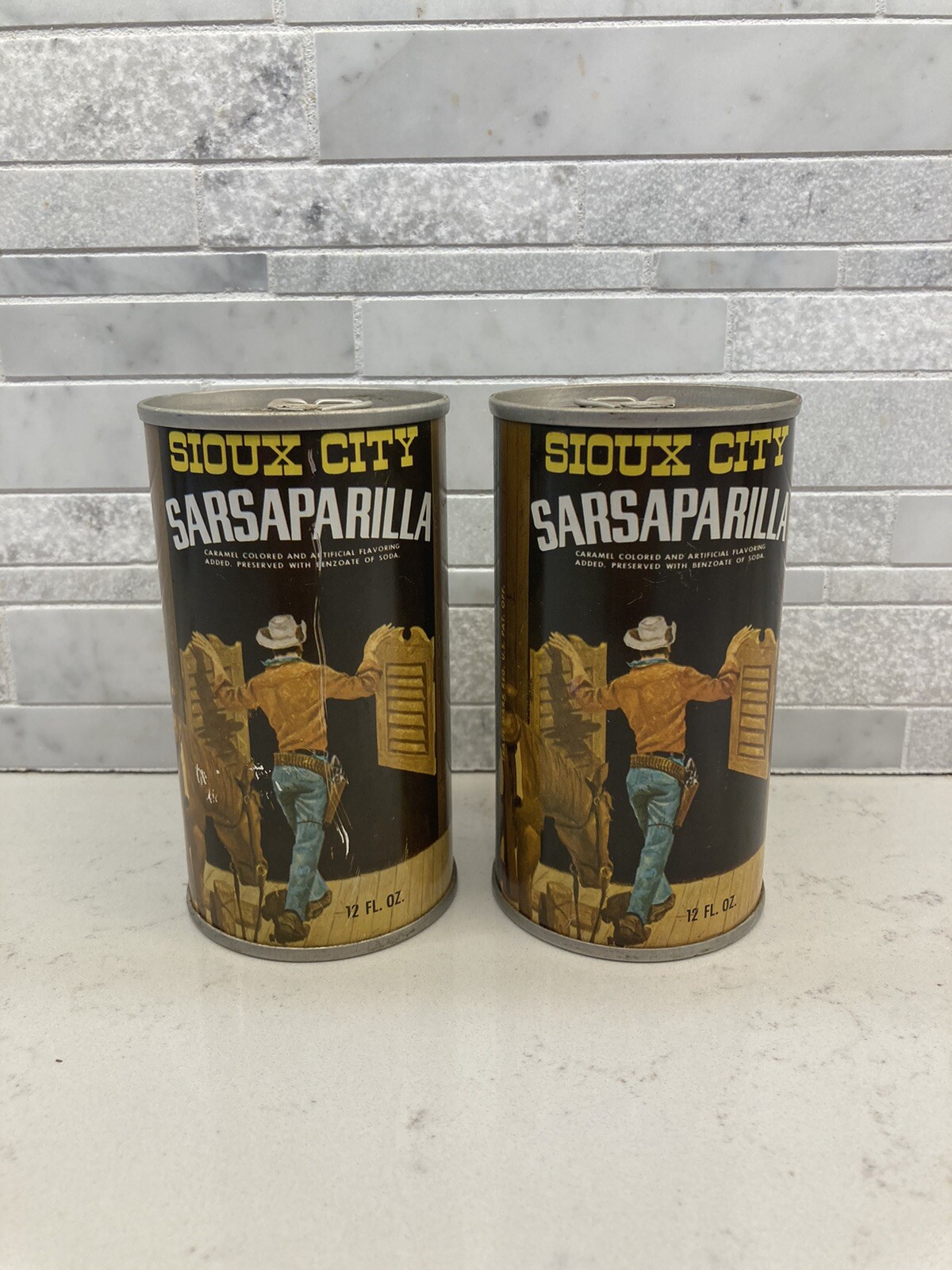 1960s Sioux City Sarsaparilla Cowboy Saloon Steel Soda Pop Can x2 SEALED & EMPTY