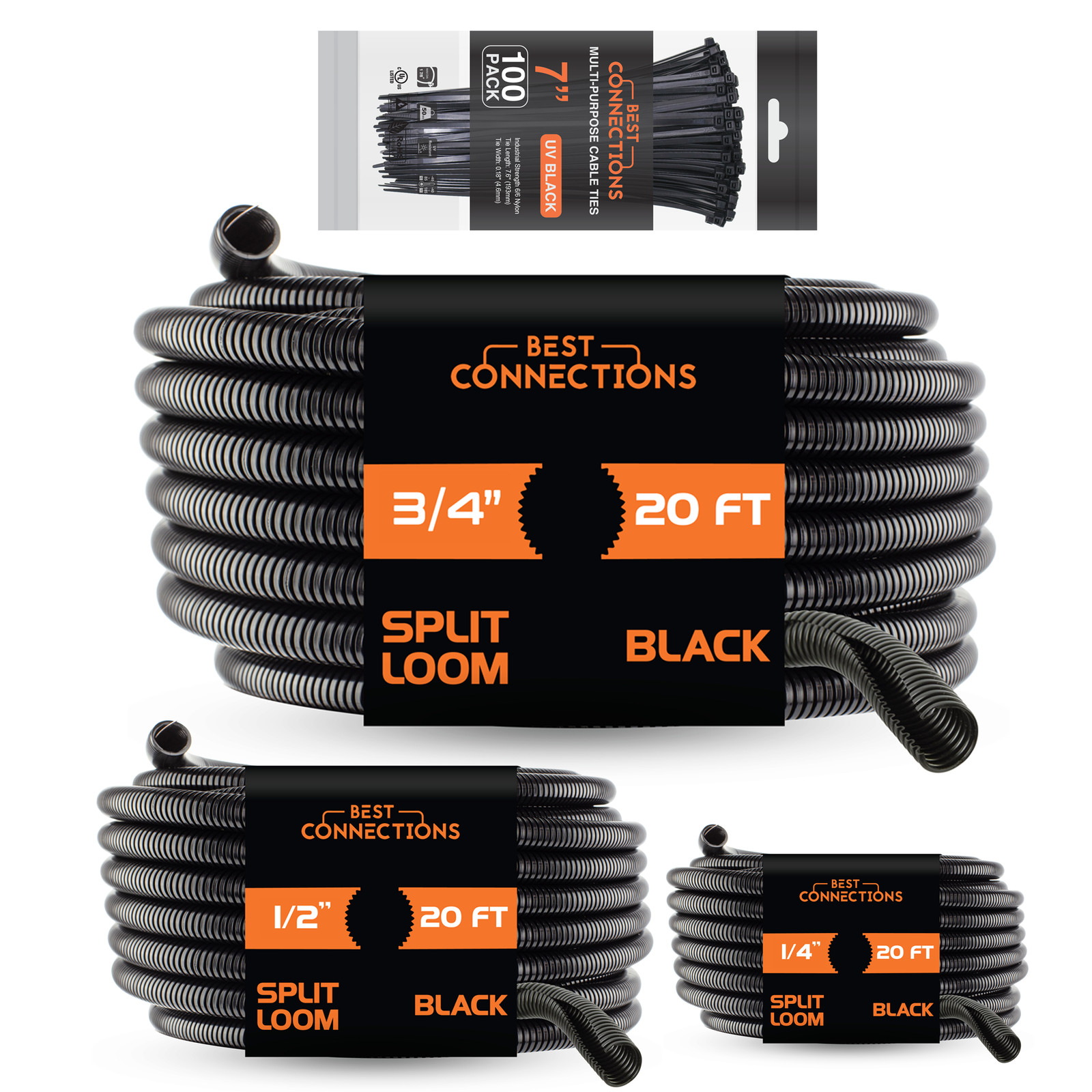 20 Ft Split Loom Combo 1/4" 1/2" 3/4" Black Wire Harness W/ 7" Cable Ties