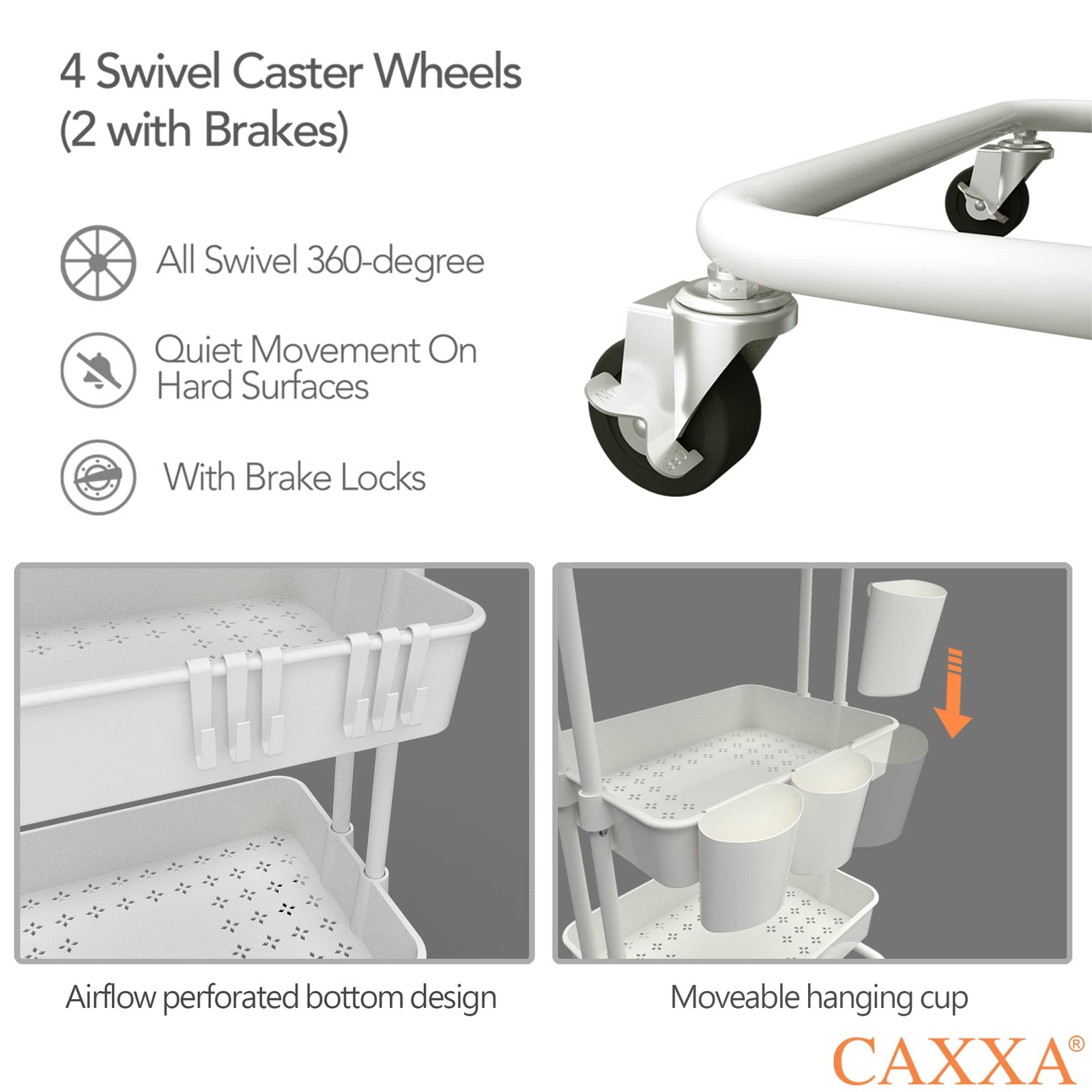 3 Tier Rolling Storage Organizer Mobile Utility Cart with Baskets Wheels White