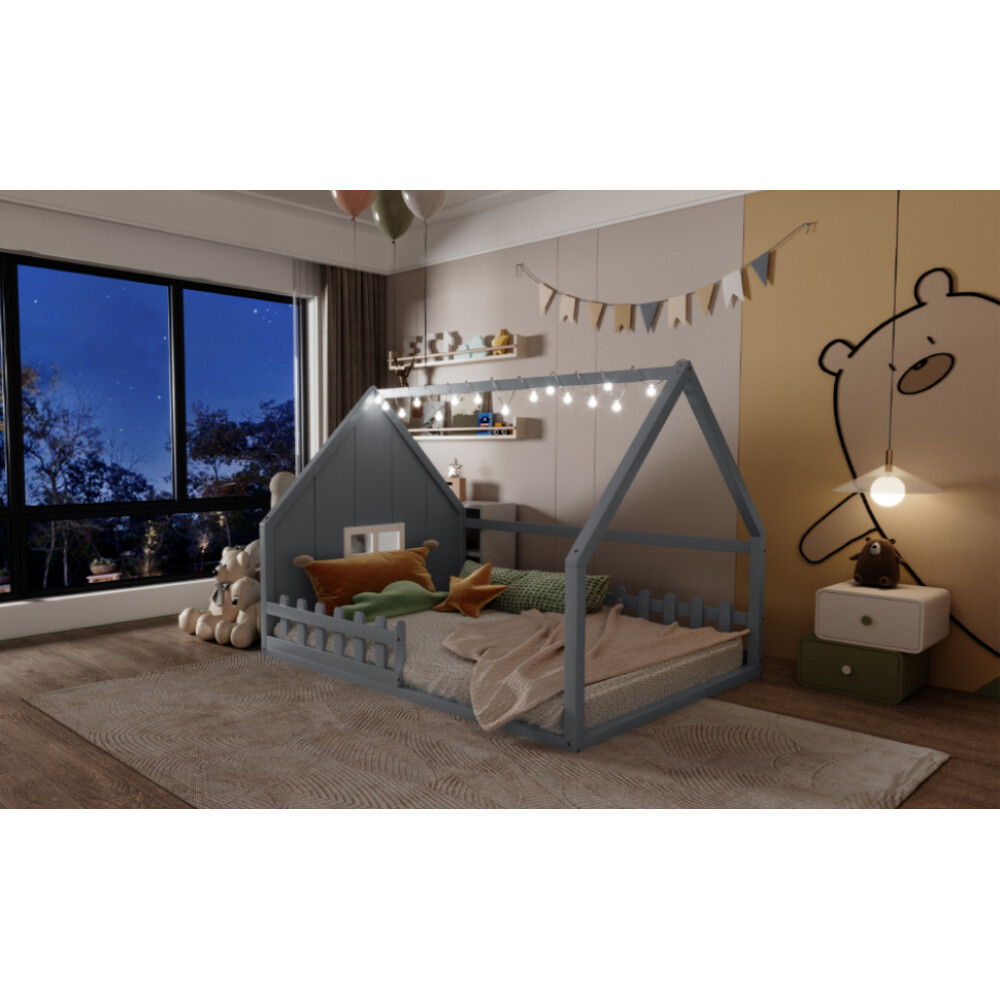 Modern Full Size Bed Frame Wood House Bed with Window and Fence for Bedroom