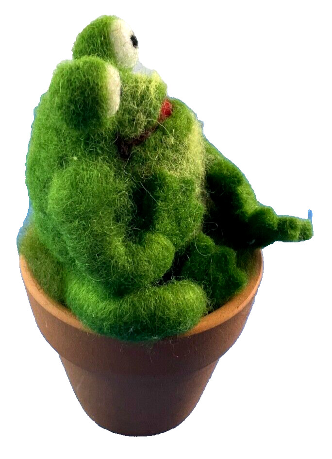 Felted Frog In Flower Pot 5" Tall Spring
