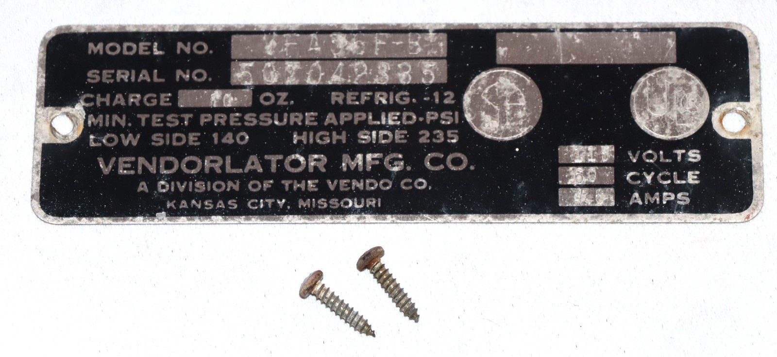 Vendorlator VFA56 Vending Machine Product ID tag with original screws
