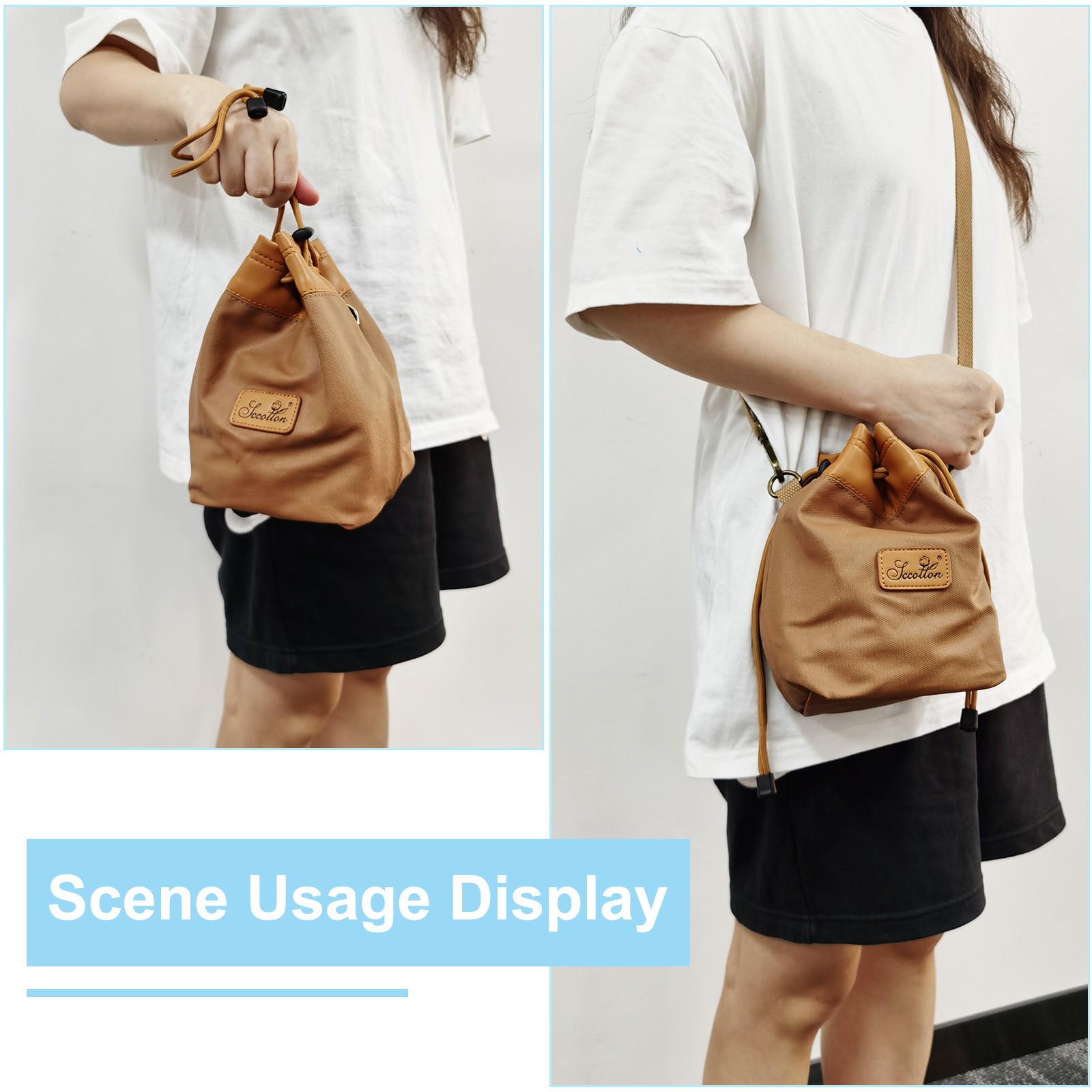 Soft Camera Bag, M Size Camera Drawstring Shoulder Bag with Hand Strap, Khaki