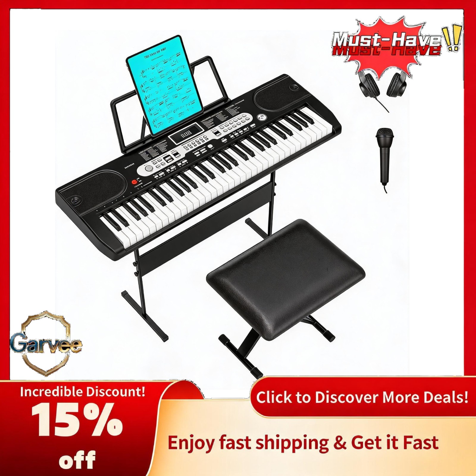 Portable Electronic Keyboard 61-Key Kids Piano HIPS Plastic LCD Headphone Mic