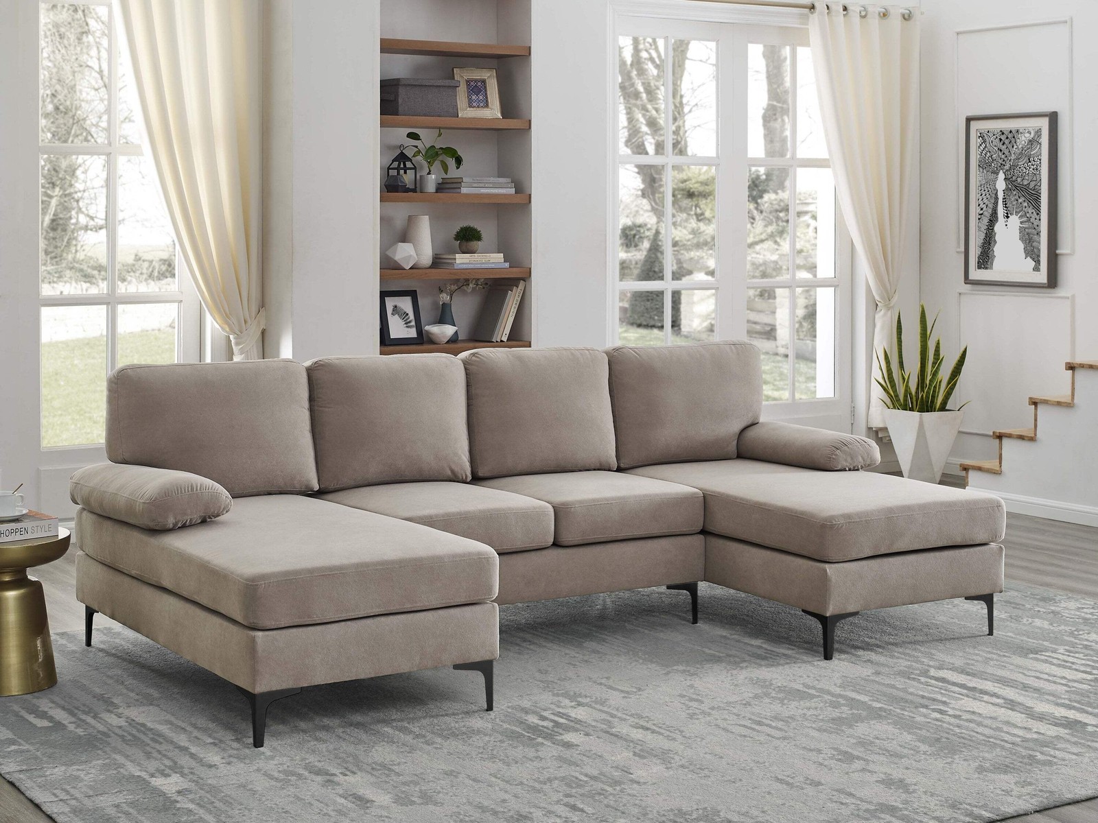 Sectional Sofa U-Shape Polyester Blend Khaki 4-Seat Double Chaise 106x56 In