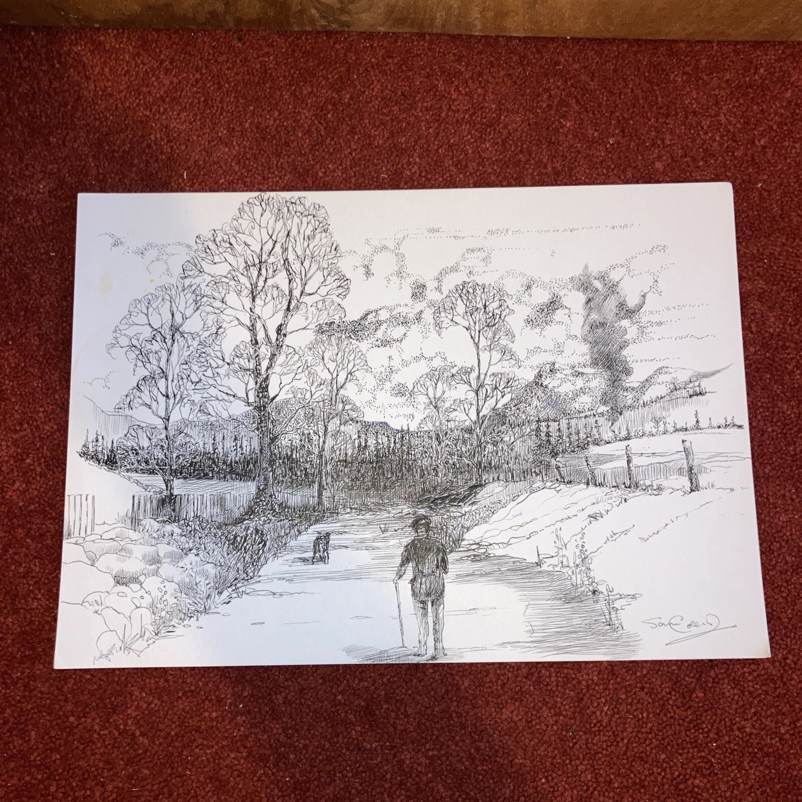 Sam Collie - Pen and ink Country Walk Scene - Unframed