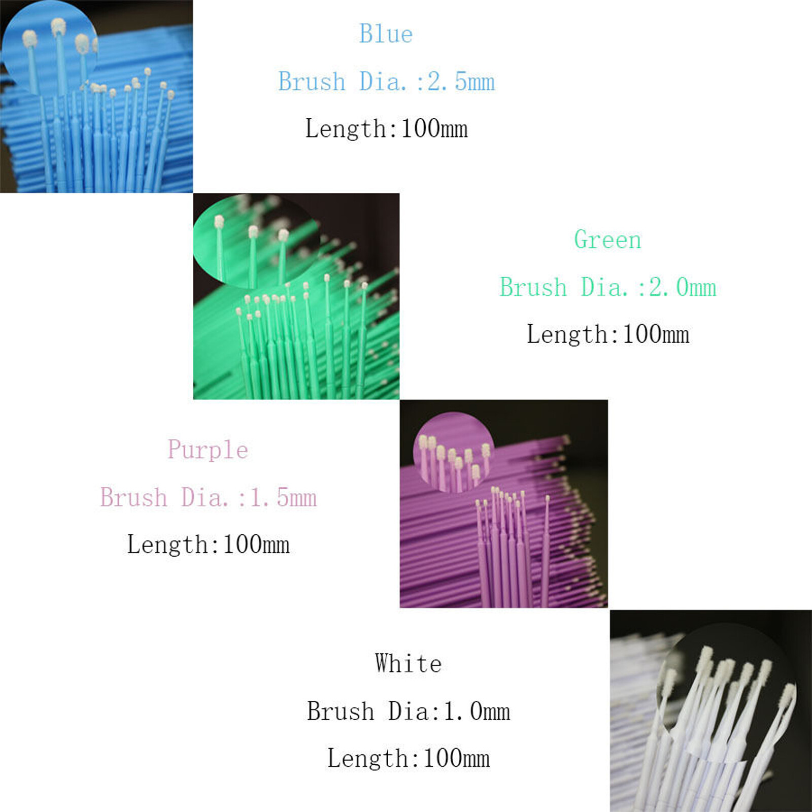100 PCS Dental Disposable Micro Applicator Brush Bendable 1.0/1.5/2.0/2.5 mm