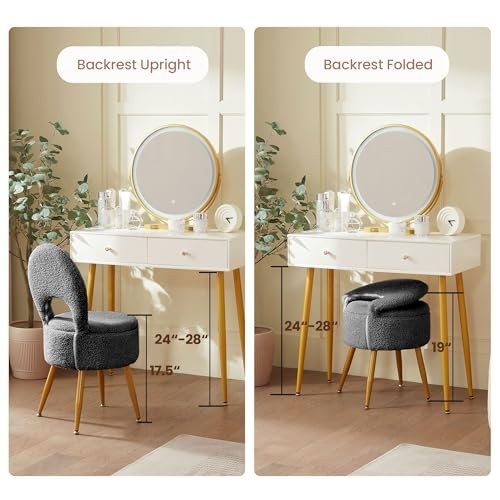 Vanity Stool with Storage and Backrest, Folding Back & Velvet Sherpa Black