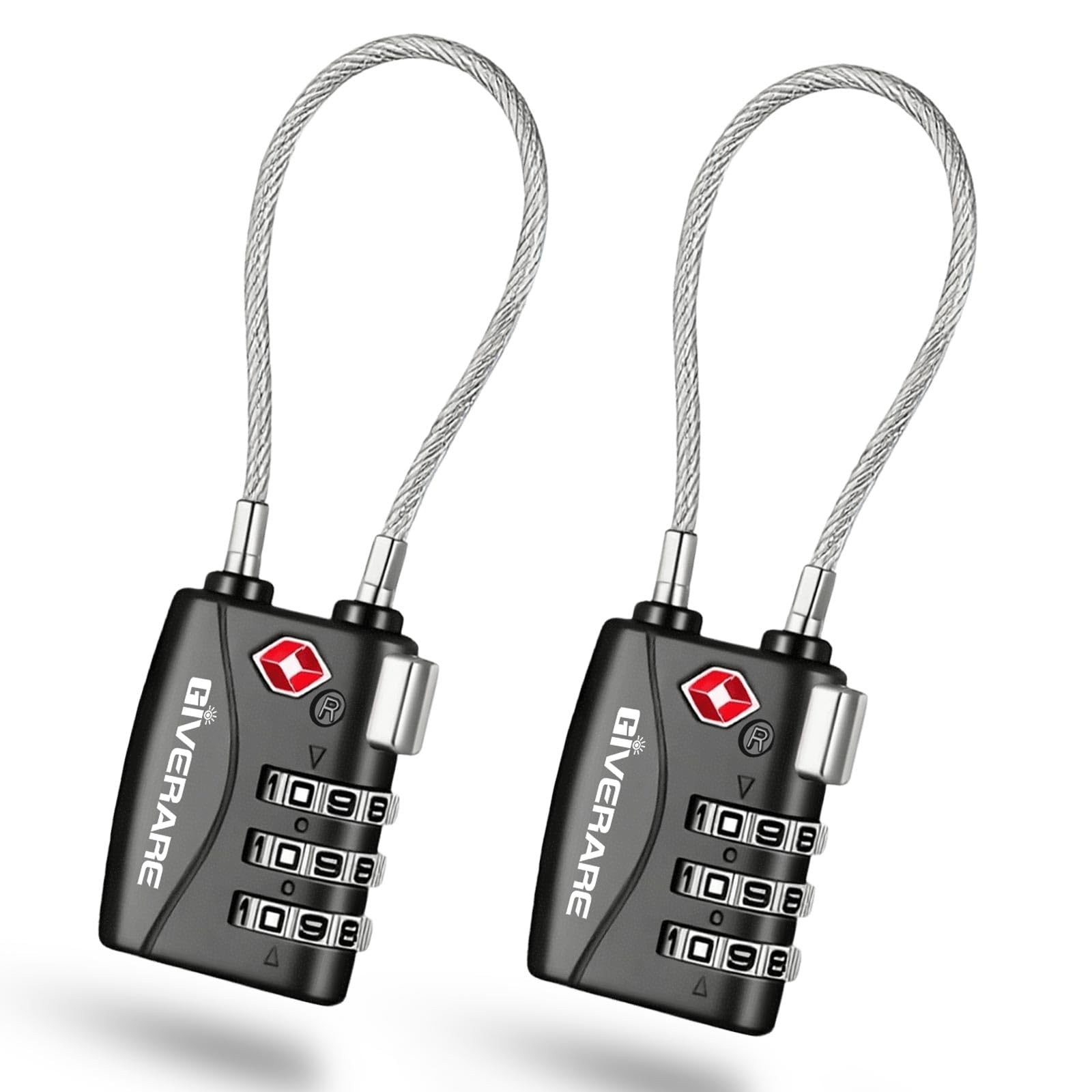 2 Pack TSA Approved Travel Luggage Locks, Long Cable Combination Small, Black